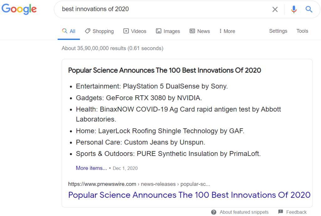 bulleted list featured snippets
